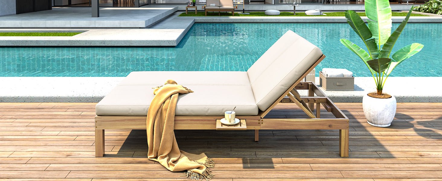TREXM 5 - Position Adjustable Backrest Double Chaise Lounge Outdoor, Outdoor Chaise Lounge with Cushion and Folding Side Trays for 2 People, Patio Double Chaise Lounge for Poolside Garden, Light Teak - 1st Choice Furniture Direct
