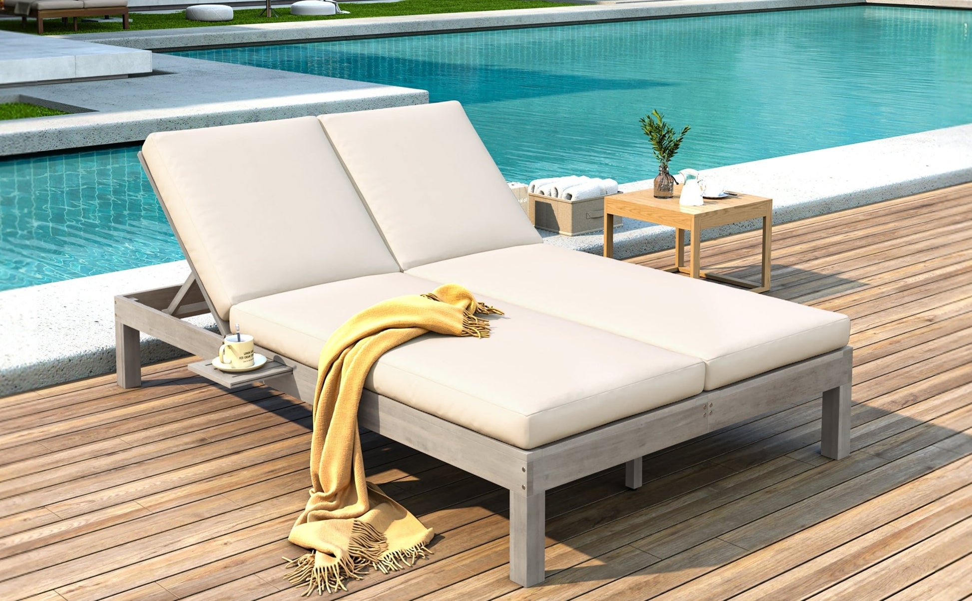 TREXM 5 - Position Adjustable Backrest Double Chaise Lounge Outdoor, Outdoor Chaise Lounge with Cushion and Folding Side Trays for 2 People, Patio Double Chaise Lounge for Poolside Garden, Gray - 1st Choice Furniture Direct