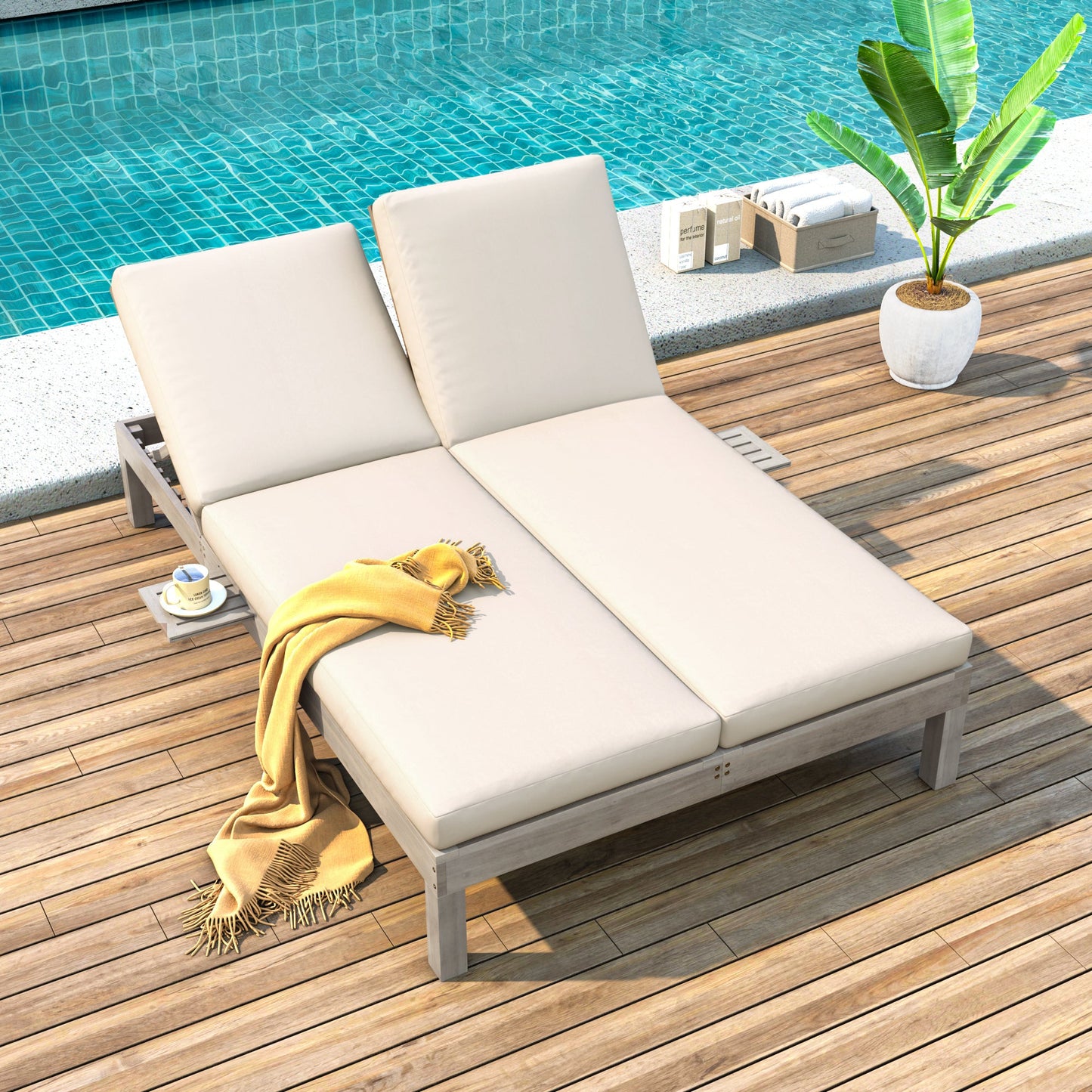 TREXM 5 - Position Adjustable Backrest Double Chaise Lounge Outdoor, Outdoor Chaise Lounge with Cushion and Folding Side Trays for 2 People, Patio Double Chaise Lounge for Poolside Garden, Gray - 1st Choice Furniture Direct