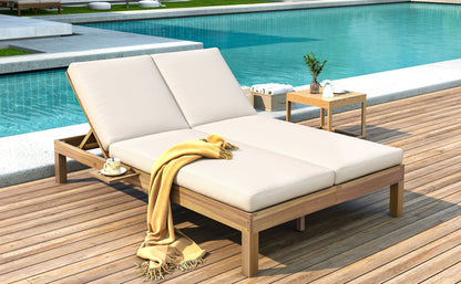 TREXM 5 - Position Adjustable Backrest Double Chaise Lounge Outdoor, Outdoor Chaise Lounge with Cushion and Folding Side Trays for 2 People, Patio Double Chaise Lounge for Poolside Garden, Light Teak - 1st Choice Furniture Direct
