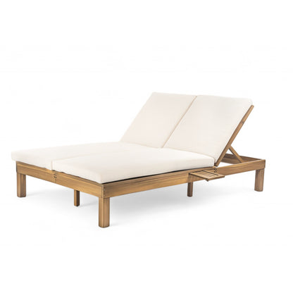 TREXM 5 - Position Adjustable Backrest Double Chaise Lounge Outdoor, Outdoor Chaise Lounge with Cushion and Folding Side Trays for 2 People, Patio Double Chaise Lounge for Poolside Garden, Light Teak - 1st Choice Furniture Direct