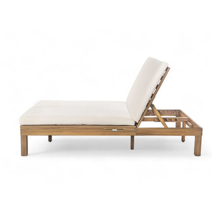 TREXM 5 - Position Adjustable Backrest Double Chaise Lounge Outdoor, Outdoor Chaise Lounge with Cushion and Folding Side Trays for 2 People, Patio Double Chaise Lounge for Poolside Garden, Light Teak - 1st Choice Furniture Direct