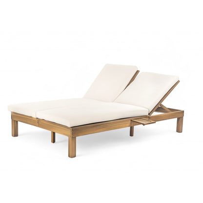 TREXM 5 - Position Adjustable Backrest Double Chaise Lounge Outdoor, Outdoor Chaise Lounge with Cushion and Folding Side Trays for 2 People, Patio Double Chaise Lounge for Poolside Garden, Light Teak - 1st Choice Furniture Direct