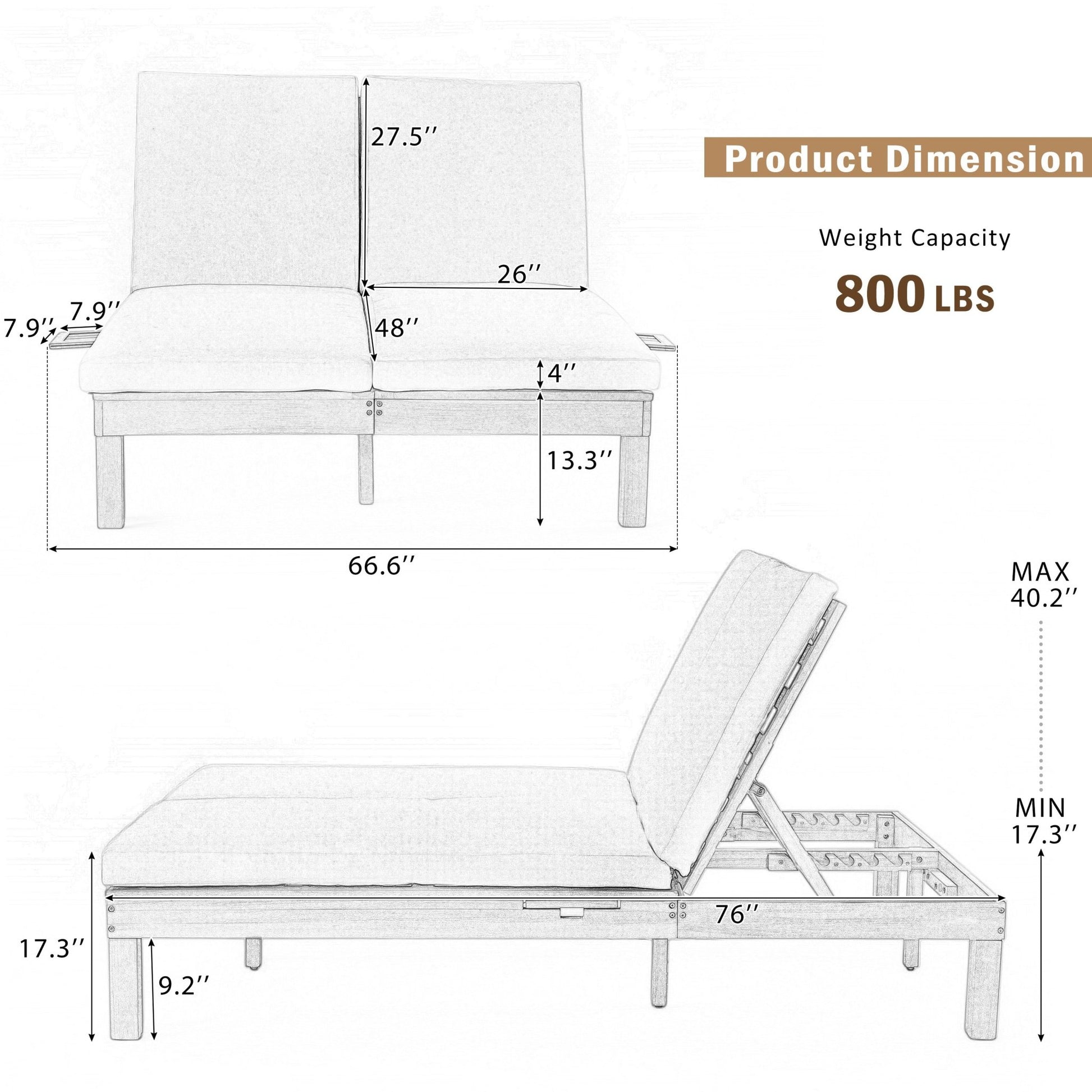 TREXM 5 - Position Adjustable Backrest Double Chaise Lounge Outdoor, Outdoor Chaise Lounge with Cushion and Folding Side Trays for 2 People, Patio Double Chaise Lounge for Poolside Garden, Gray - 1st Choice Furniture Direct