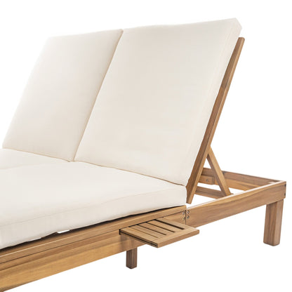 TREXM 5 - Position Adjustable Backrest Double Chaise Lounge Outdoor, Outdoor Chaise Lounge with Cushion and Folding Side Trays for 2 People, Patio Double Chaise Lounge for Poolside Garden, Light Teak - 1st Choice Furniture Direct