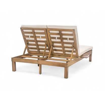 TREXM 5 - Position Adjustable Backrest Double Chaise Lounge Outdoor, Outdoor Chaise Lounge with Cushion and Folding Side Trays for 2 People, Patio Double Chaise Lounge for Poolside Garden, Light Teak - 1st Choice Furniture Direct