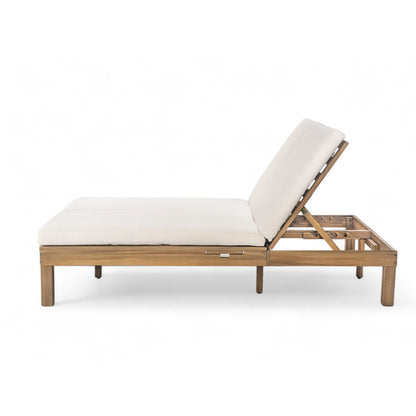 TREXM 5 - Position Adjustable Backrest Double Chaise Lounge Outdoor, Outdoor Chaise Lounge with Cushion and Folding Side Trays for 2 People, Patio Double Chaise Lounge for Poolside Garden, Light Teak - 1st Choice Furniture Direct