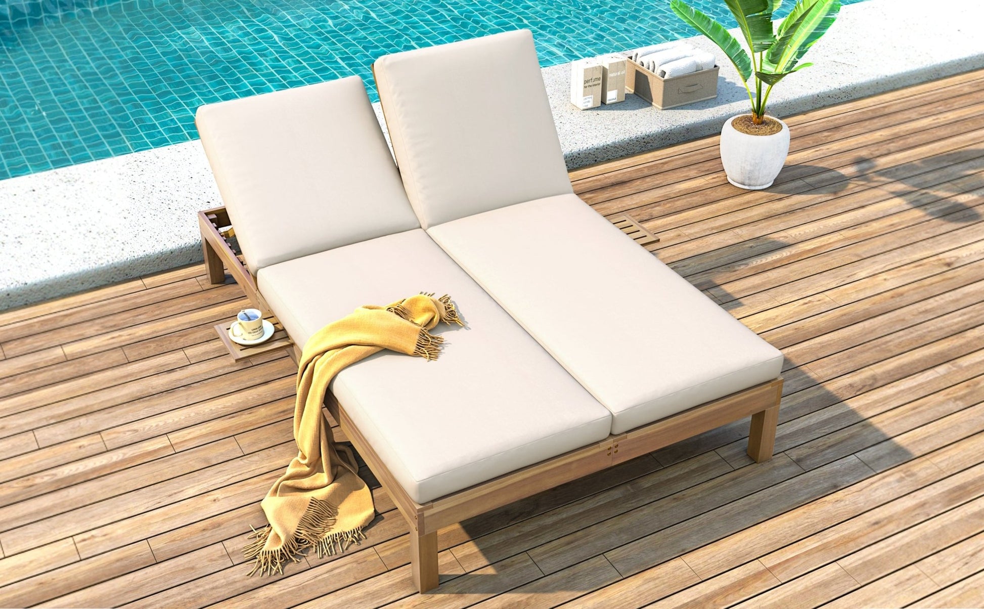 TREXM 5 - Position Adjustable Backrest Double Chaise Lounge Outdoor, Outdoor Chaise Lounge with Cushion and Folding Side Trays for 2 People, Patio Double Chaise Lounge for Poolside Garden, Light Teak - 1st Choice Furniture Direct