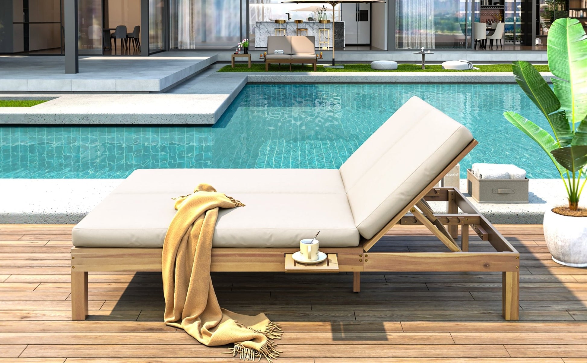 TREXM 5 - Position Adjustable Backrest Double Chaise Lounge Outdoor, Outdoor Chaise Lounge with Cushion and Folding Side Trays for 2 People, Patio Double Chaise Lounge for Poolside Garden, Light Teak - 1st Choice Furniture Direct