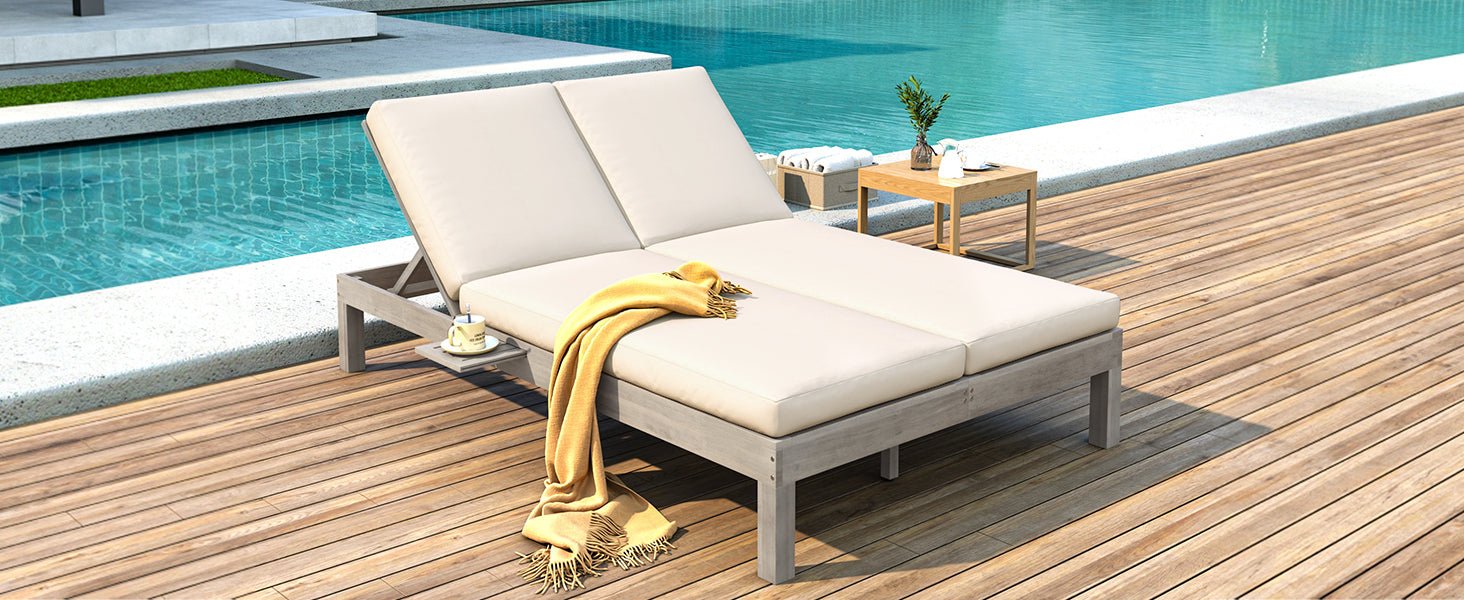 TREXM 5 - Position Adjustable Backrest Double Chaise Lounge Outdoor, Outdoor Chaise Lounge with Cushion and Folding Side Trays for 2 People, Patio Double Chaise Lounge for Poolside Garden, Gray - 1st Choice Furniture Direct