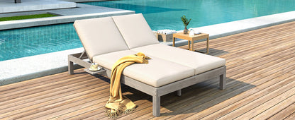 TREXM 5 - Position Adjustable Backrest Double Chaise Lounge Outdoor, Outdoor Chaise Lounge with Cushion and Folding Side Trays for 2 People, Patio Double Chaise Lounge for Poolside Garden, Gray - 1st Choice Furniture Direct