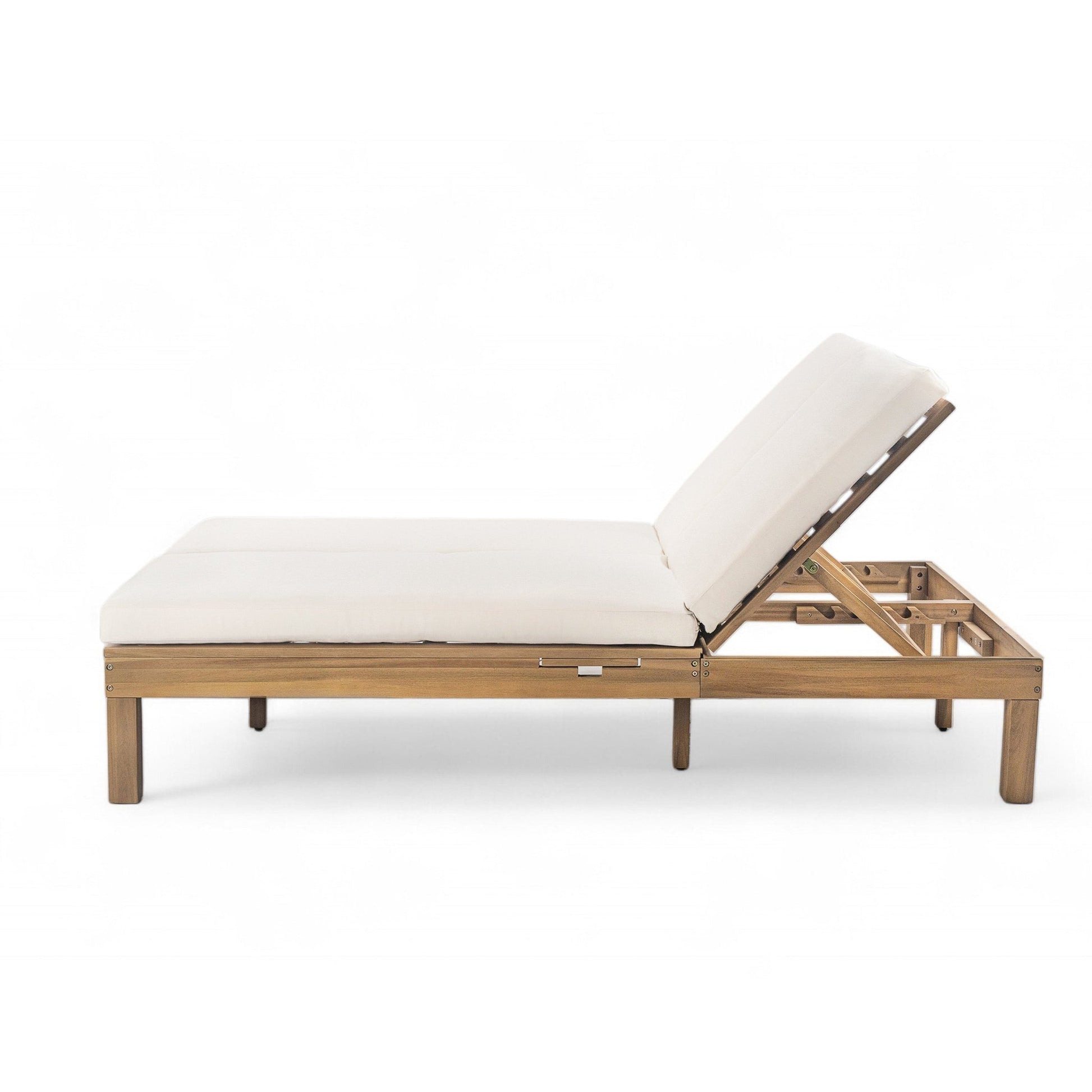 TREXM 5 - Position Adjustable Backrest Double Chaise Lounge Outdoor, Outdoor Chaise Lounge with Cushion and Folding Side Trays for 2 People, Patio Double Chaise Lounge for Poolside Garden, Light Teak - 1st Choice Furniture Direct