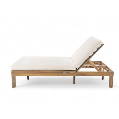 TREXM 5 - Position Adjustable Backrest Double Chaise Lounge Outdoor, Outdoor Chaise Lounge with Cushion and Folding Side Trays for 2 People, Patio Double Chaise Lounge for Poolside Garden, Light Teak - 1st Choice Furniture Direct