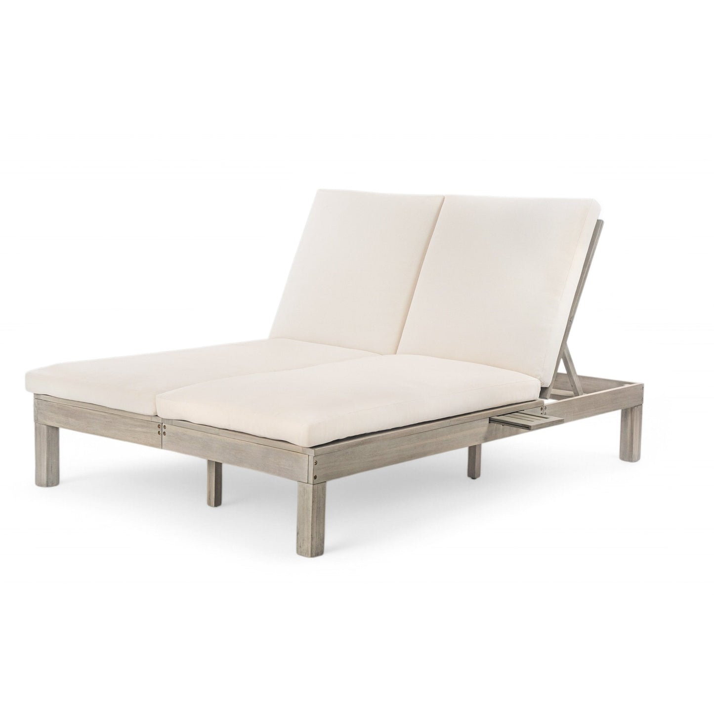 TREXM 5 - Position Adjustable Backrest Double Chaise Lounge Outdoor, Outdoor Chaise Lounge with Cushion and Folding Side Trays for 2 People, Patio Double Chaise Lounge for Poolside Garden, Gray - 1st Choice Furniture Direct