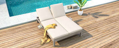 TREXM 5 - Position Adjustable Backrest Double Chaise Lounge Outdoor, Outdoor Chaise Lounge with Cushion and Folding Side Trays for 2 People, Patio Double Chaise Lounge for Poolside Garden, Gray - 1st Choice Furniture Direct