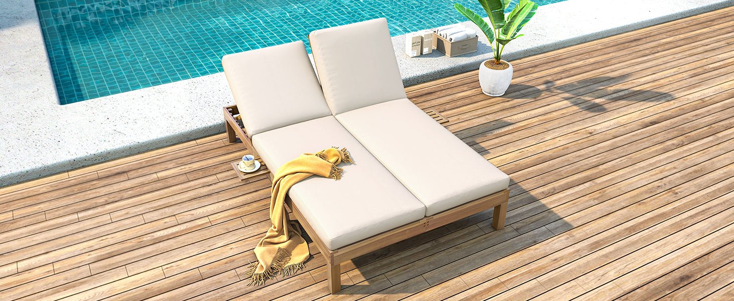 TREXM 5 - Position Adjustable Backrest Double Chaise Lounge Outdoor, Outdoor Chaise Lounge with Cushion and Folding Side Trays for 2 People, Patio Double Chaise Lounge for Poolside Garden, Light Teak - 1st Choice Furniture Direct