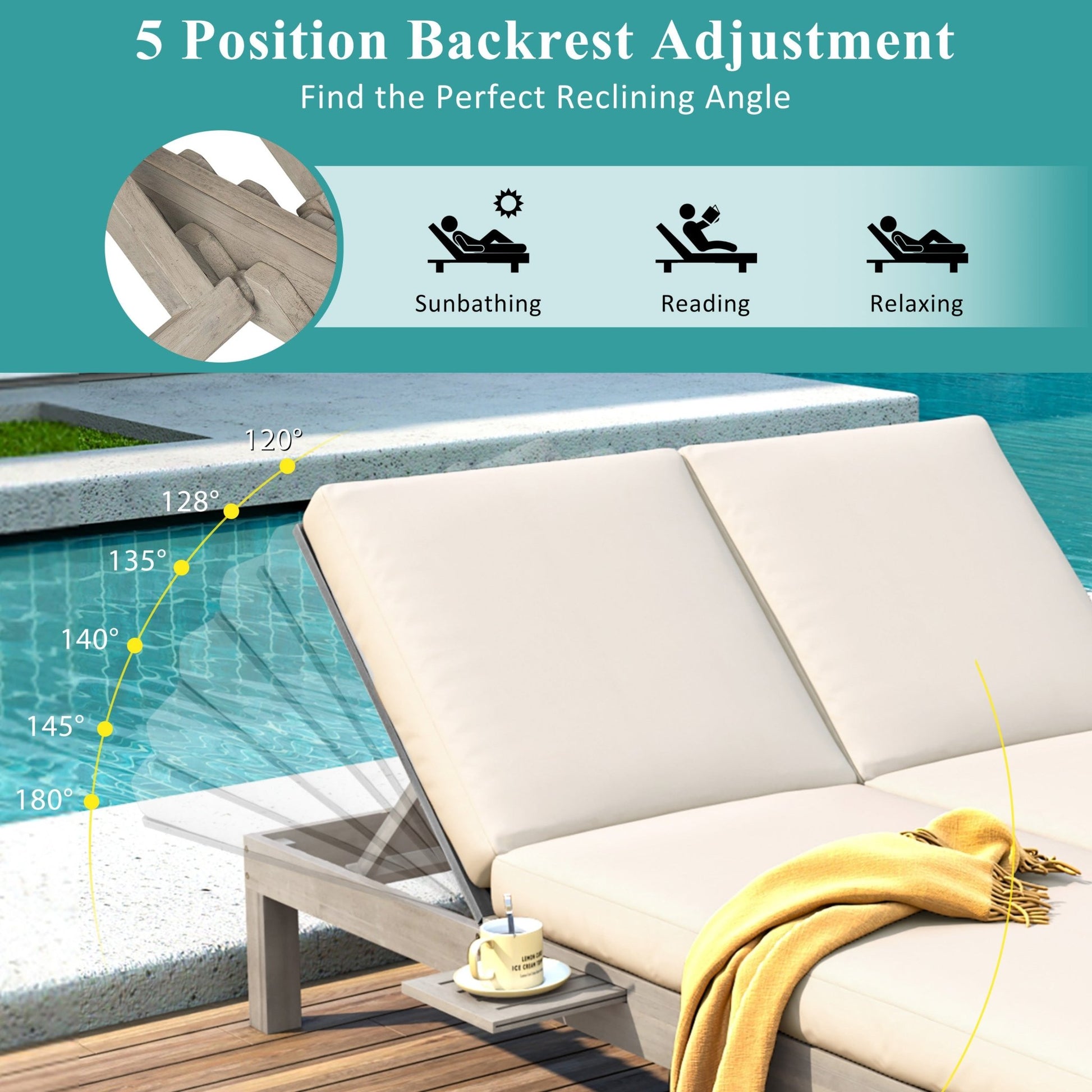 TREXM 5 - Position Adjustable Backrest Double Chaise Lounge Outdoor, Outdoor Chaise Lounge with Cushion and Folding Side Trays for 2 People, Patio Double Chaise Lounge for Poolside Garden, Gray - 1st Choice Furniture Direct