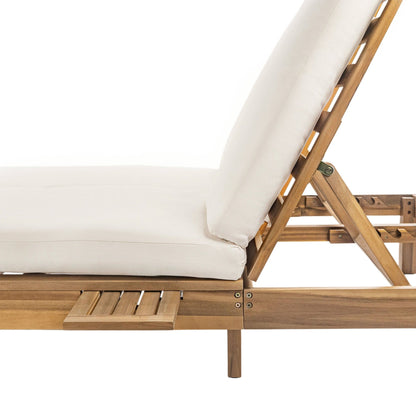 TREXM 5 - Position Adjustable Backrest Double Chaise Lounge Outdoor, Outdoor Chaise Lounge with Cushion and Folding Side Trays for 2 People, Patio Double Chaise Lounge for Poolside Garden, Light Teak - 1st Choice Furniture Direct