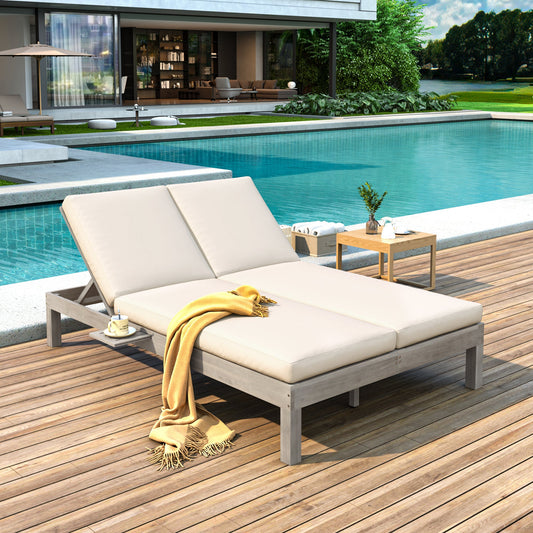 TREXM 5 - Position Adjustable Backrest Double Chaise Lounge Outdoor, Outdoor Chaise Lounge with Cushion and Folding Side Trays for 2 People, Patio Double Chaise Lounge for Poolside Garden, Gray - 1st Choice Furniture Direct