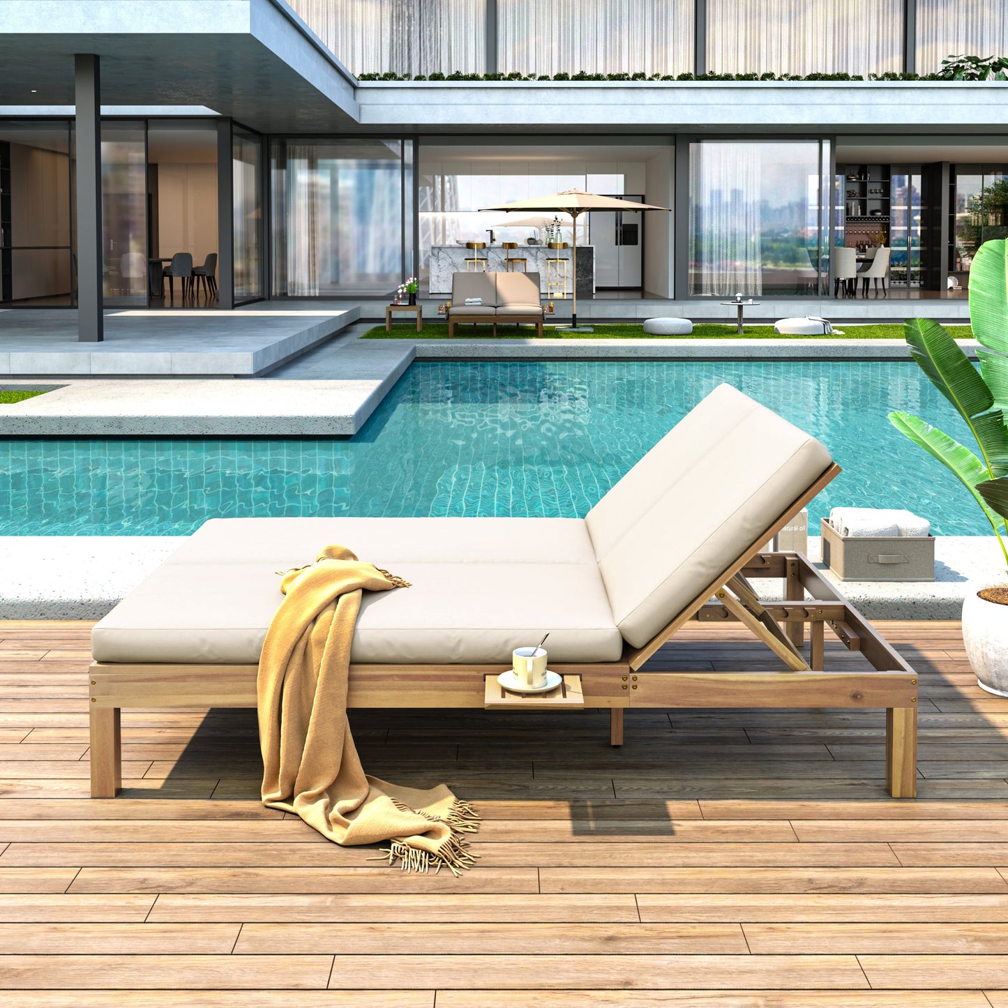 TREXM 5 - Position Adjustable Backrest Double Chaise Lounge Outdoor, Outdoor Chaise Lounge with Cushion and Folding Side Trays for 2 People, Patio Double Chaise Lounge for Poolside Garden, Light Teak - 1st Choice Furniture Direct