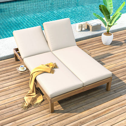 TREXM 5 - Position Adjustable Backrest Double Chaise Lounge Outdoor, Outdoor Chaise Lounge with Cushion and Folding Side Trays for 2 People, Patio Double Chaise Lounge for Poolside Garden, Light Teak - 1st Choice Furniture Direct