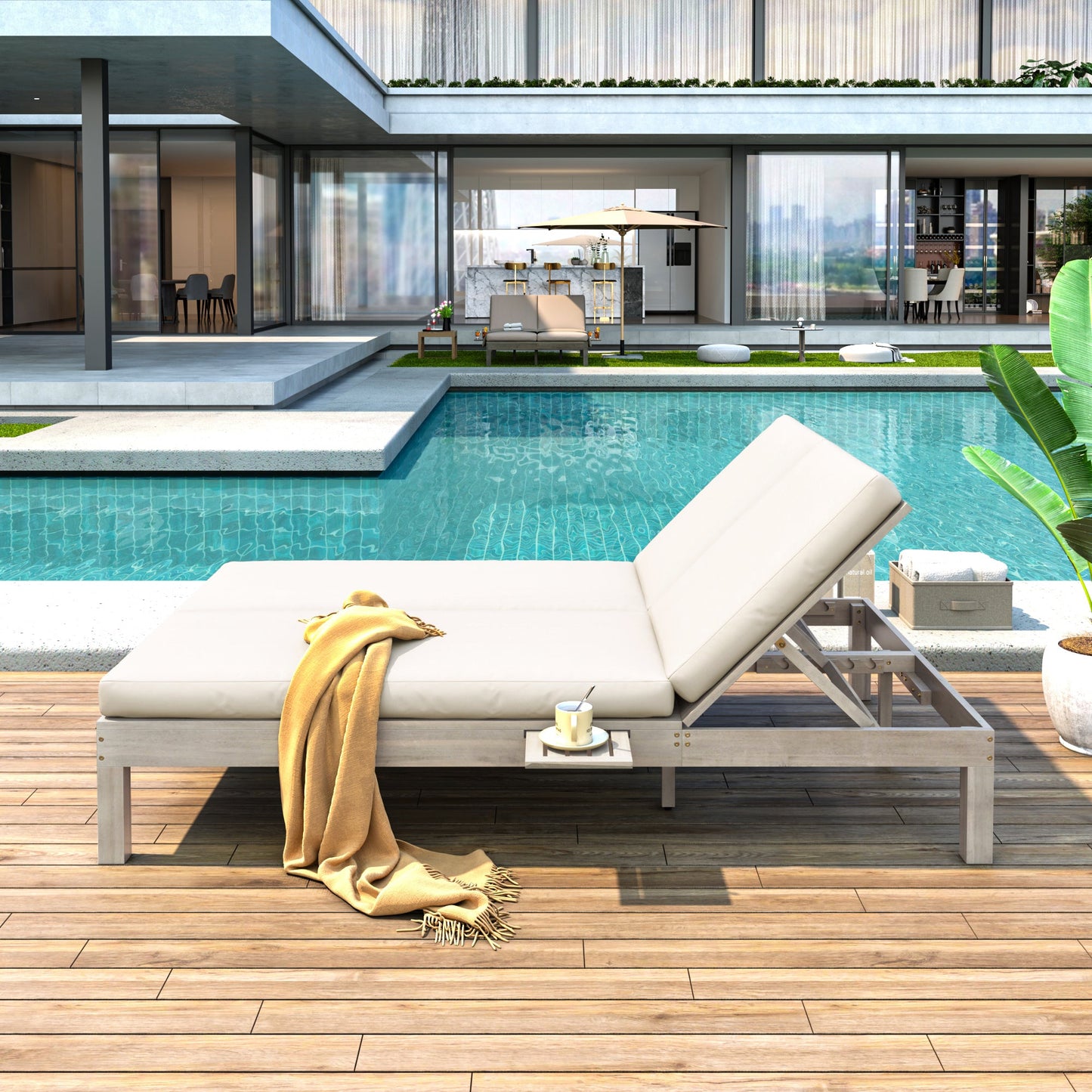 TREXM 5 - Position Adjustable Backrest Double Chaise Lounge Outdoor, Outdoor Chaise Lounge with Cushion and Folding Side Trays for 2 People, Patio Double Chaise Lounge for Poolside Garden, Gray - 1st Choice Furniture Direct