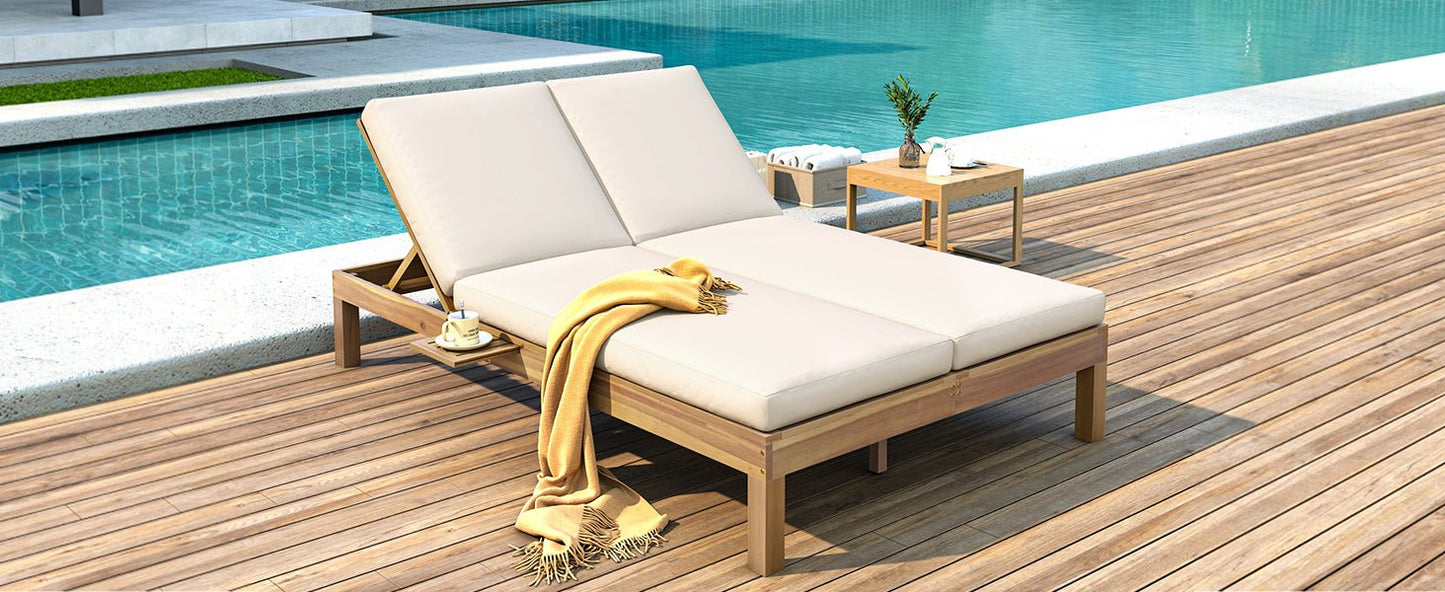 TREXM 5 - Position Adjustable Backrest Double Chaise Lounge Outdoor, Outdoor Chaise Lounge with Cushion and Folding Side Trays for 2 People, Patio Double Chaise Lounge for Poolside Garden, Light Teak - 1st Choice Furniture Direct