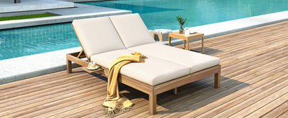 TREXM 5 - Position Adjustable Backrest Double Chaise Lounge Outdoor, Outdoor Chaise Lounge with Cushion and Folding Side Trays for 2 People, Patio Double Chaise Lounge for Poolside Garden, Light Teak - 1st Choice Furniture Direct