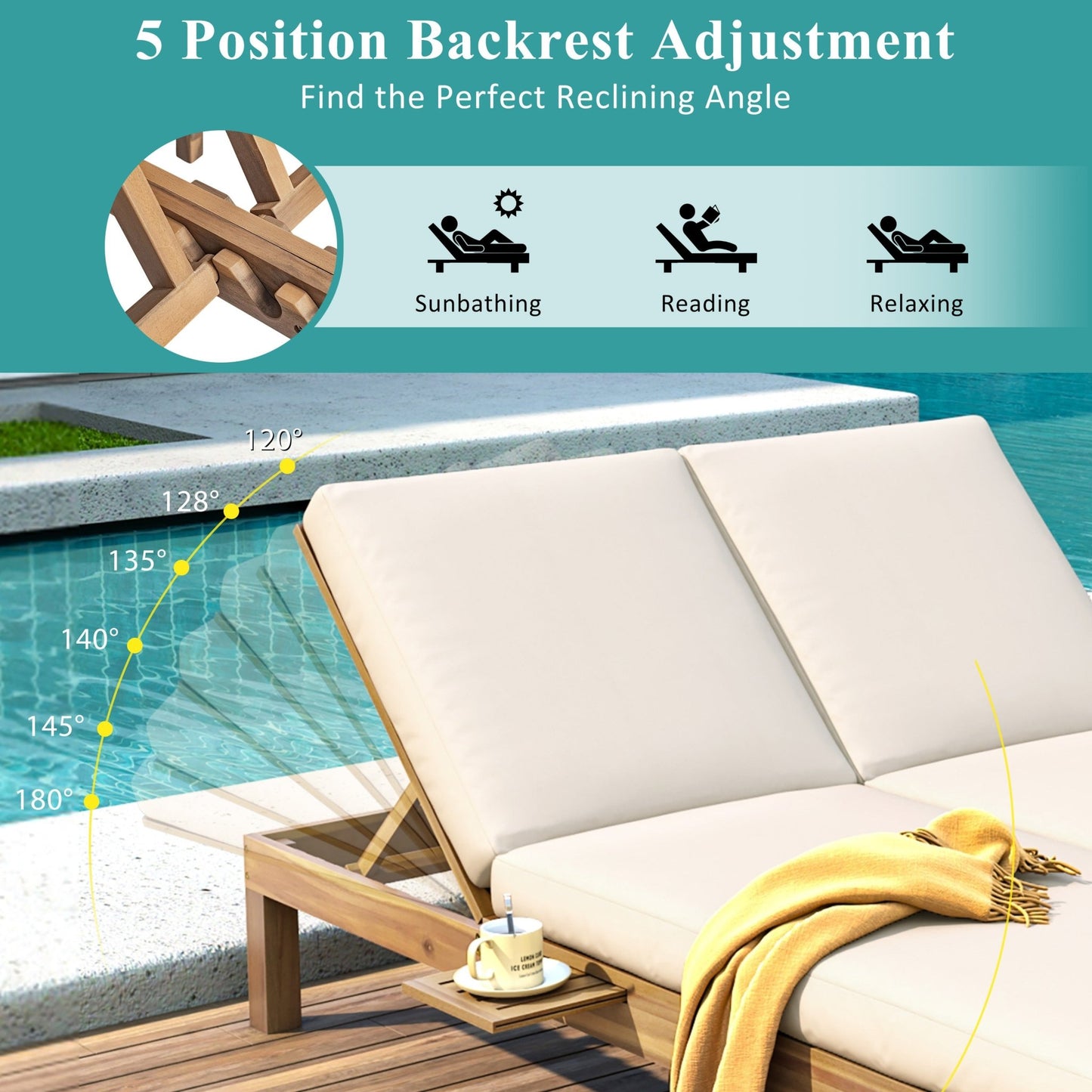 TREXM 5 - Position Adjustable Backrest Double Chaise Lounge Outdoor, Outdoor Chaise Lounge with Cushion and Folding Side Trays for 2 People, Patio Double Chaise Lounge for Poolside Garden, Light Teak - 1st Choice Furniture Direct
