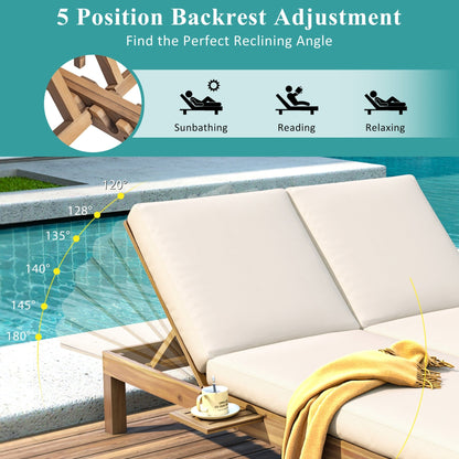 TREXM 5 - Position Adjustable Backrest Double Chaise Lounge Outdoor, Outdoor Chaise Lounge with Cushion and Folding Side Trays for 2 People, Patio Double Chaise Lounge for Poolside Garden, Light Teak - 1st Choice Furniture Direct