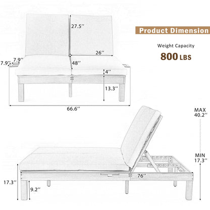 TREXM 5 - Position Adjustable Backrest Double Chaise Lounge Outdoor, Outdoor Chaise Lounge with Cushion and Folding Side Trays for 2 People, Patio Double Chaise Lounge for Poolside Garden, Light Teak - 1st Choice Furniture Direct