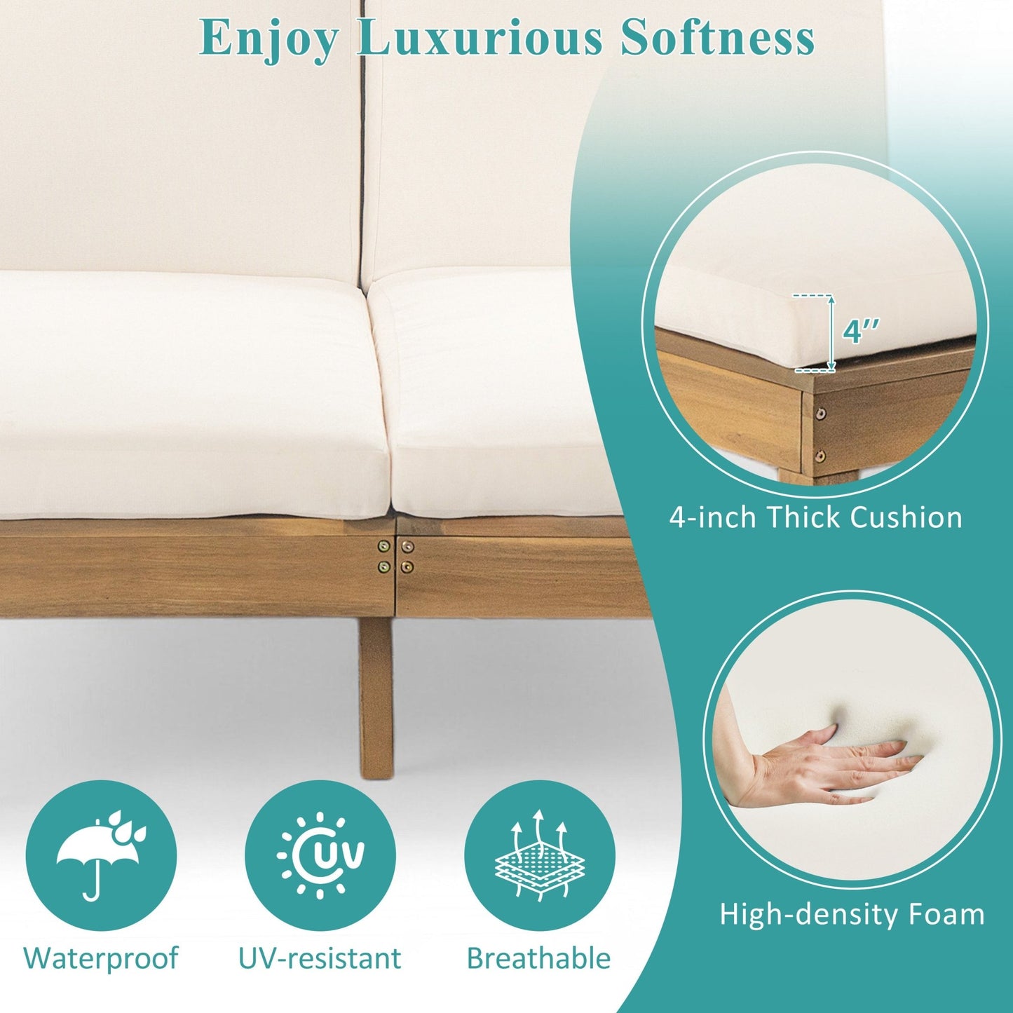 TREXM 5 - Position Adjustable Backrest Double Chaise Lounge Outdoor, Outdoor Chaise Lounge with Cushion and Folding Side Trays for 2 People, Patio Double Chaise Lounge for Poolside Garden, Light Teak - 1st Choice Furniture Direct