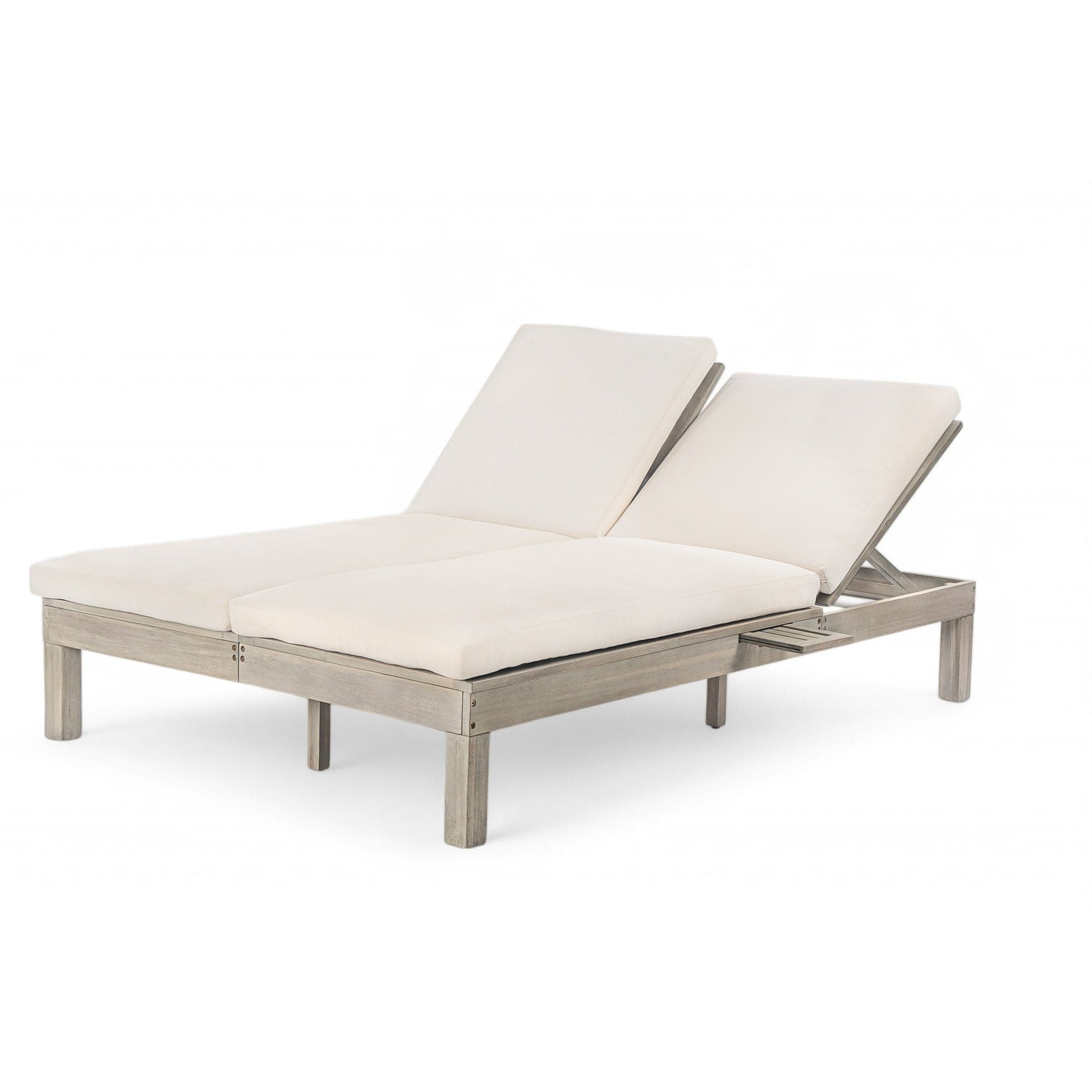 TREXM 5 - Position Adjustable Backrest Double Chaise Lounge Outdoor, Outdoor Chaise Lounge with Cushion and Folding Side Trays for 2 People, Patio Double Chaise Lounge for Poolside Garden, Gray - 1st Choice Furniture Direct