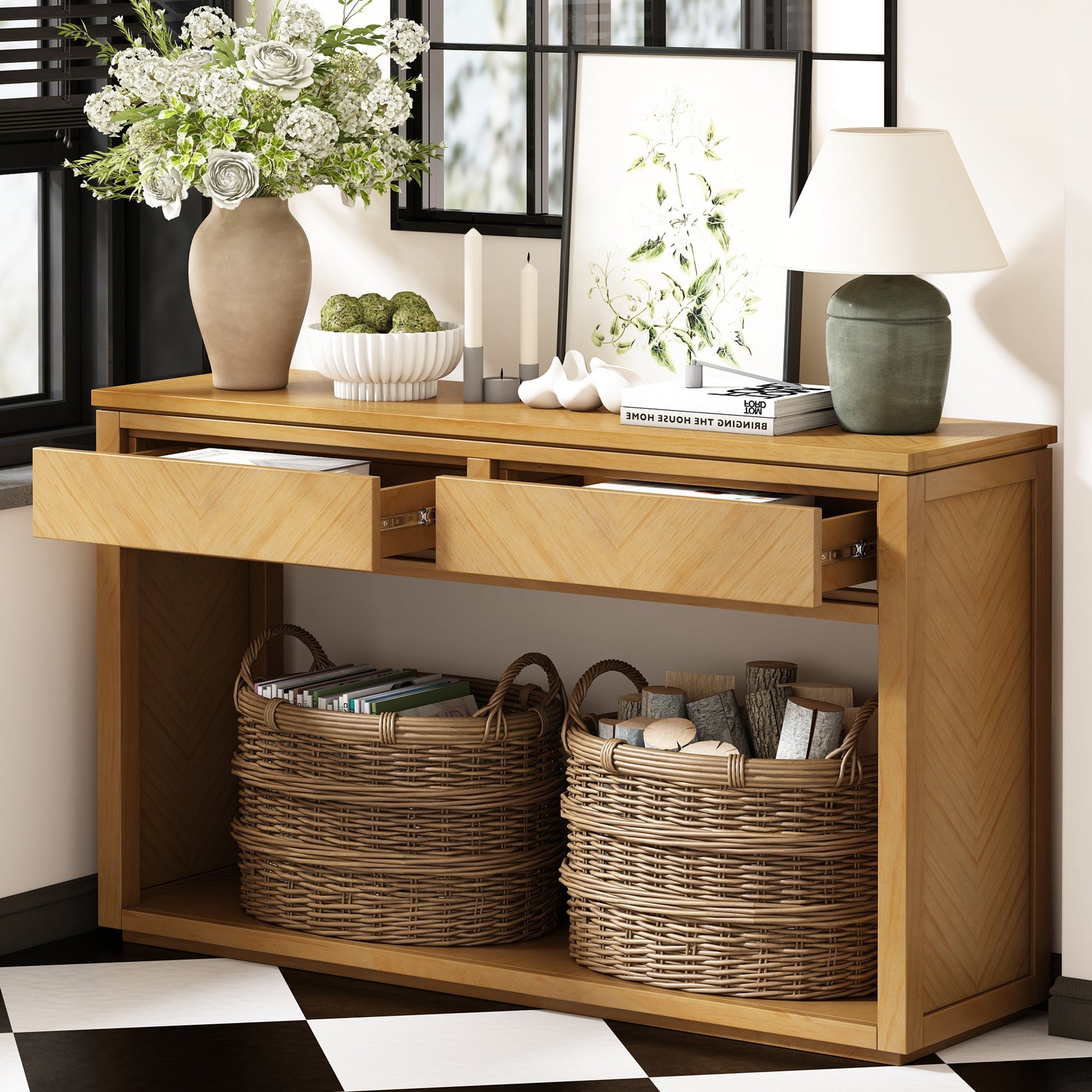 TREXM 55' Console Table, Rustic Wooden Entryway Table with Storage Drawers and Open Shelf, Elegant Sofa Table for Hallway and Living Room (Natural) - 1st Choice Furniture Direct