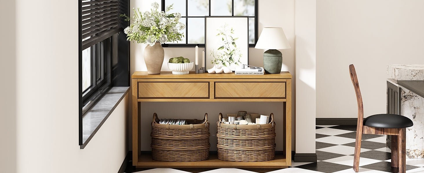 TREXM 55' Console Table, Rustic Wooden Entryway Table with Storage Drawers and Open Shelf, Elegant Sofa Table for Hallway and Living Room (Natural) - 1st Choice Furniture Direct