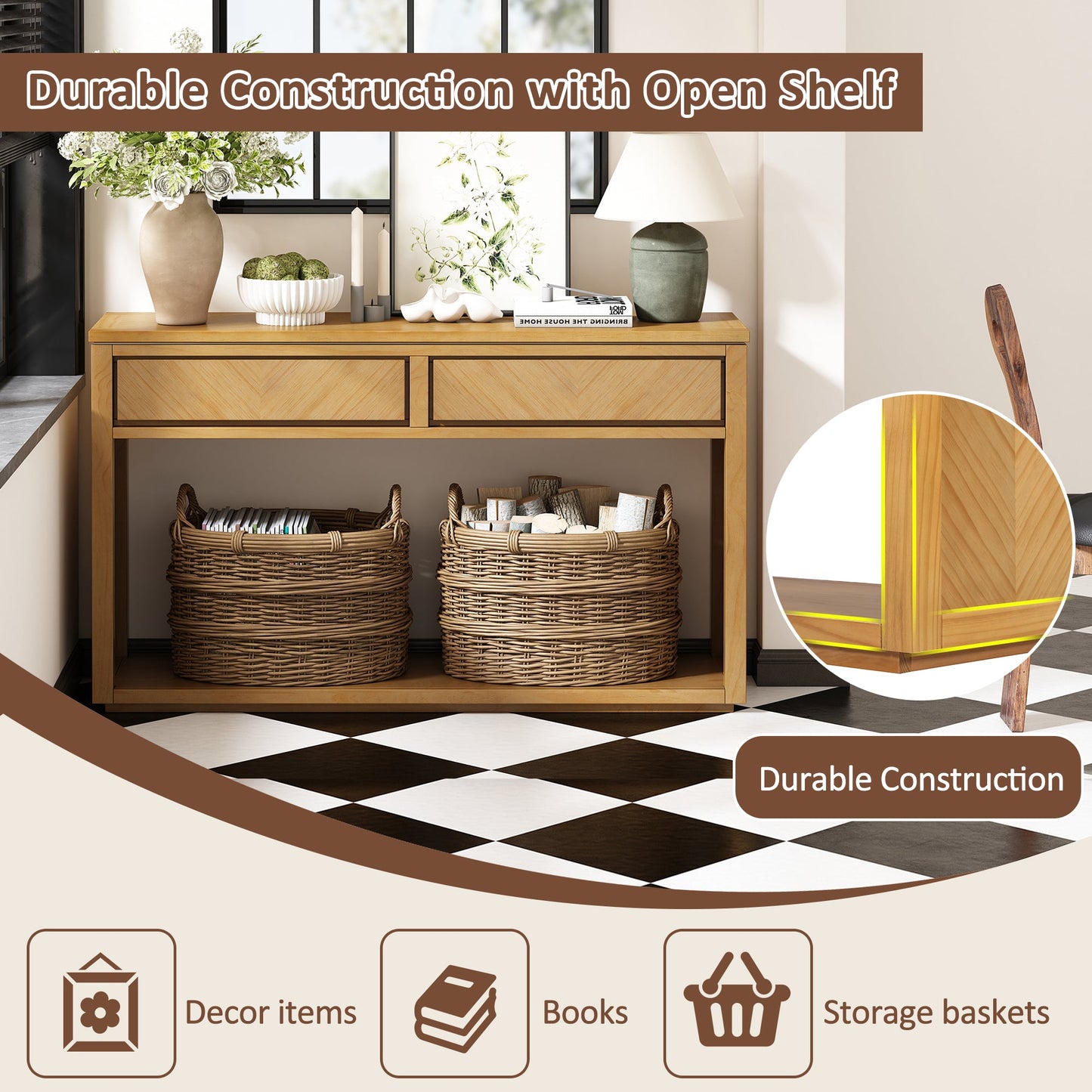 TREXM 55' Console Table, Rustic Wooden Entryway Table with Storage Drawers and Open Shelf, Elegant Sofa Table for Hallway and Living Room (Natural) - 1st Choice Furniture Direct