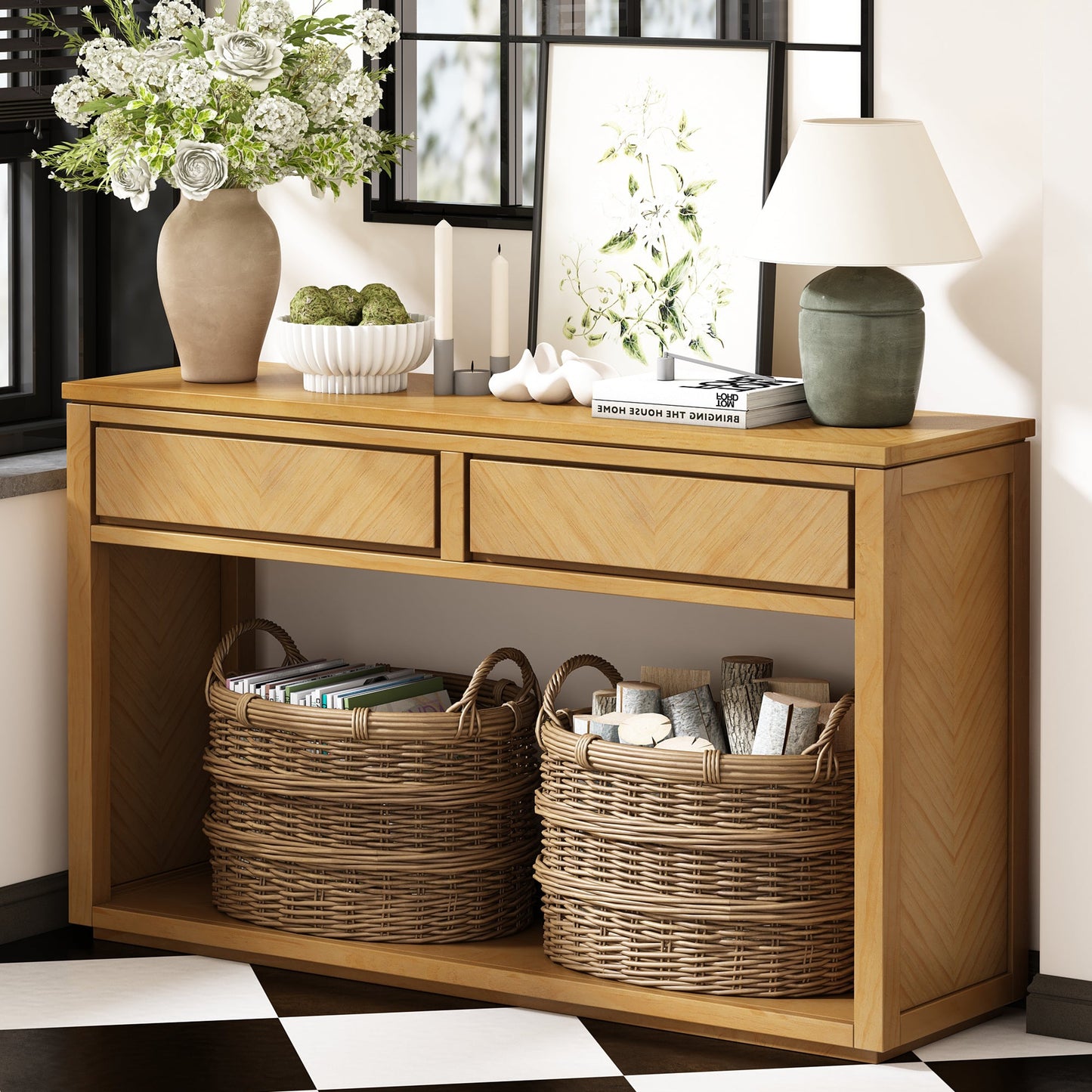 TREXM 55' Console Table, Rustic Wooden Entryway Table with Storage Drawers and Open Shelf, Elegant Sofa Table for Hallway and Living Room (Natural) - 1st Choice Furniture Direct