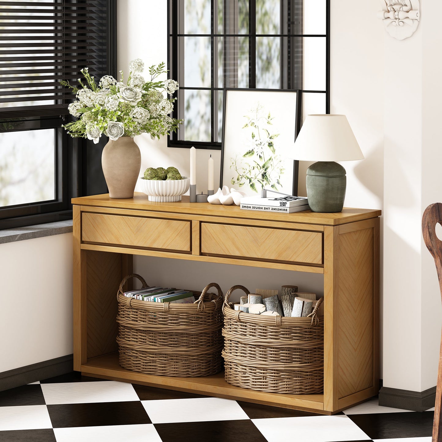 TREXM 55' Console Table, Rustic Wooden Entryway Table with Storage Drawers and Open Shelf, Elegant Sofa Table for Hallway and Living Room (Natural) - 1st Choice Furniture Direct