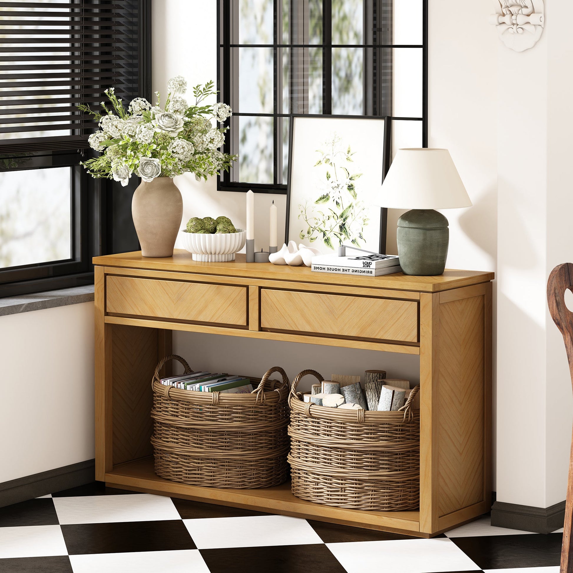 TREXM 55' Console Table, Rustic Wooden Entryway Table with Storage Drawers and Open Shelf, Elegant Sofa Table for Hallway and Living Room (Natural) - 1st Choice Furniture Direct