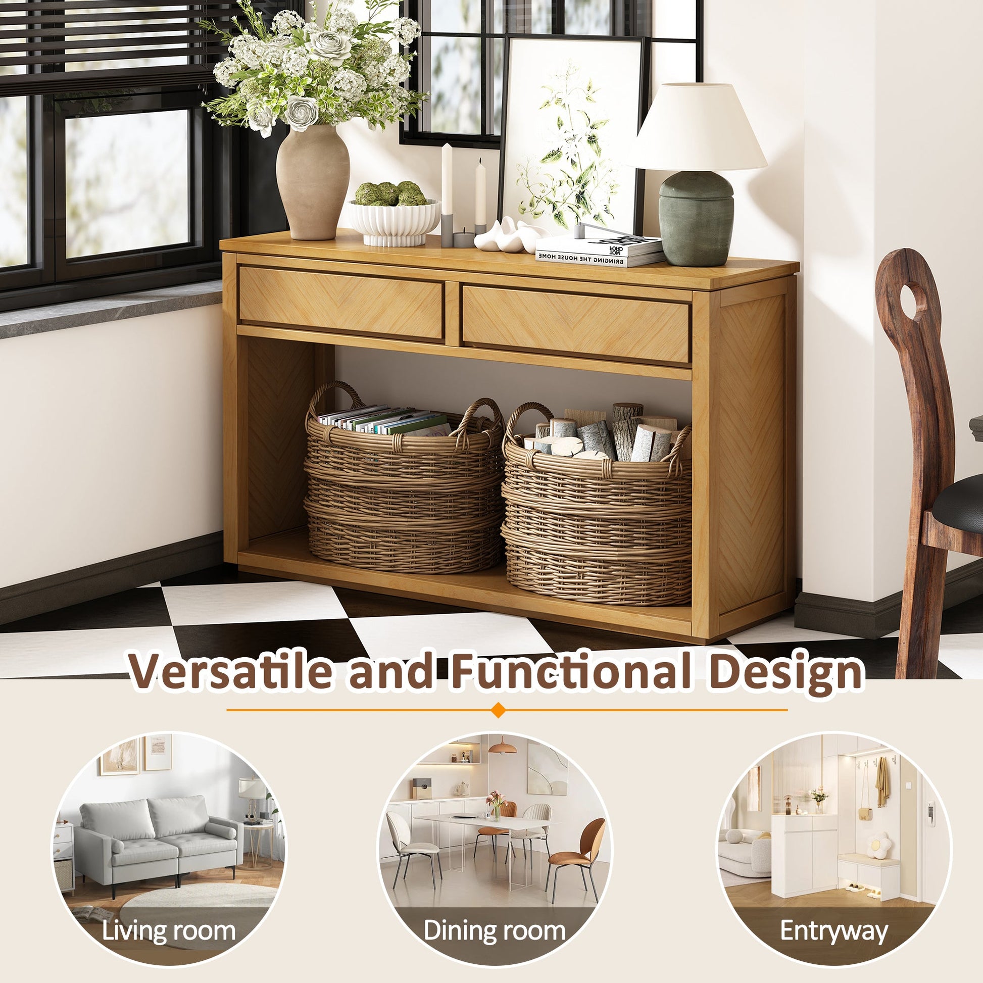 TREXM 55' Console Table, Rustic Wooden Entryway Table with Storage Drawers and Open Shelf, Elegant Sofa Table for Hallway and Living Room (Natural) - 1st Choice Furniture Direct