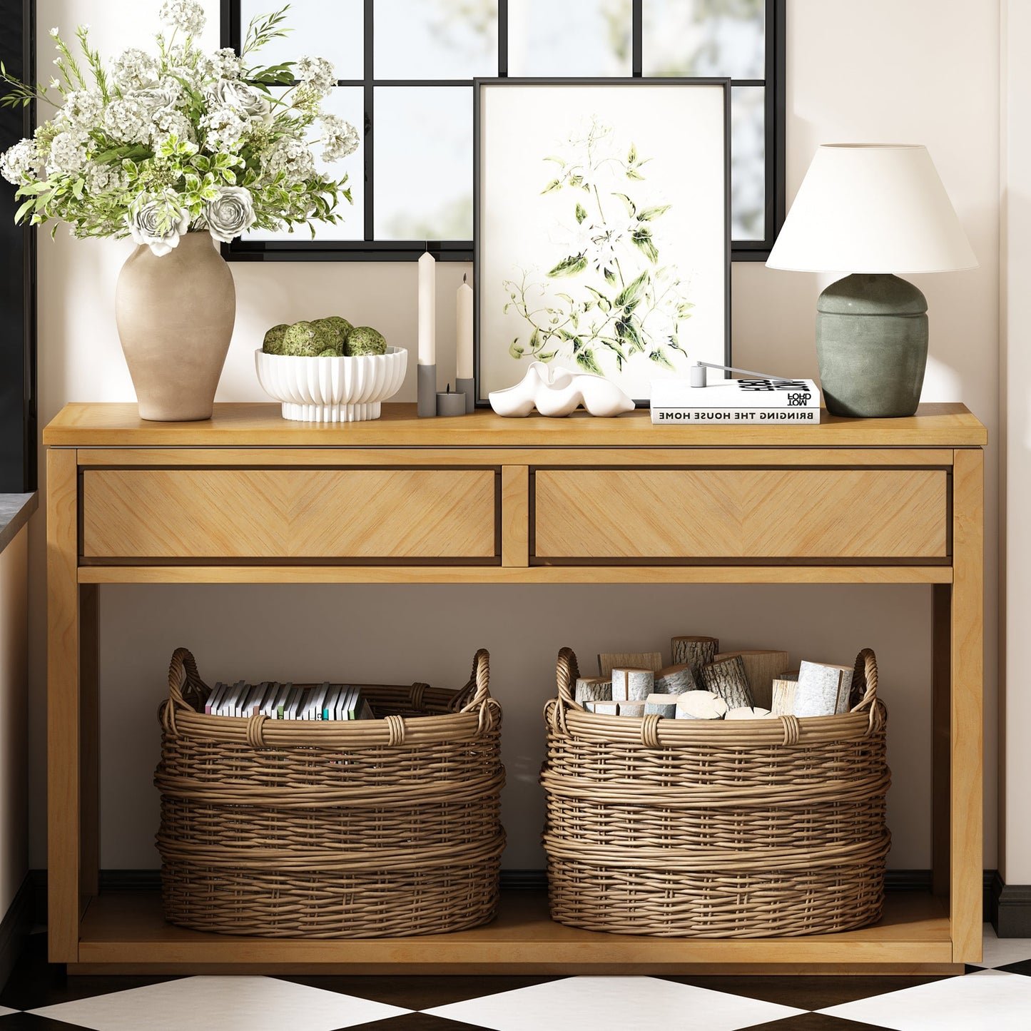 TREXM 55' Console Table, Rustic Wooden Entryway Table with Storage Drawers and Open Shelf, Elegant Sofa Table for Hallway and Living Room (Natural) - 1st Choice Furniture Direct