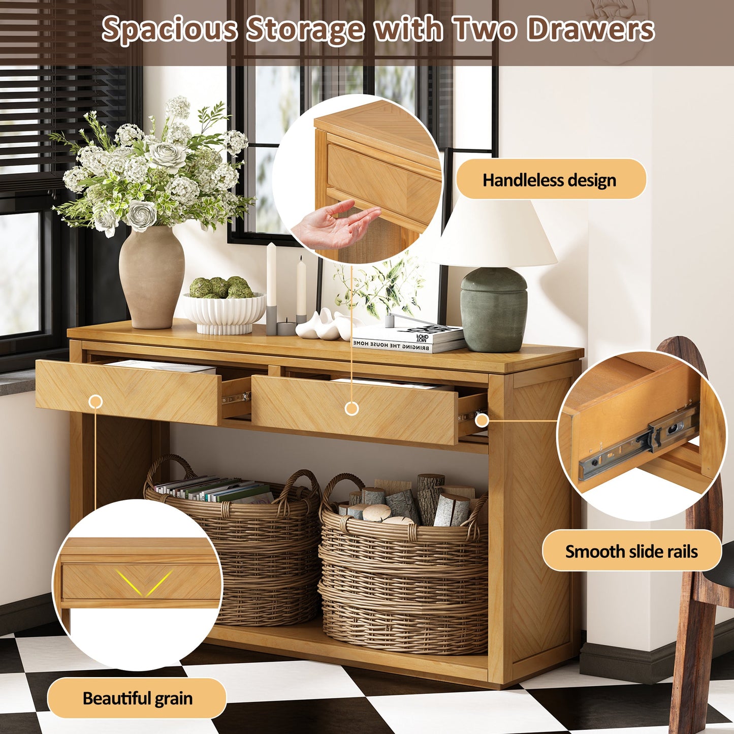 TREXM 55' Console Table, Rustic Wooden Entryway Table with Storage Drawers and Open Shelf, Elegant Sofa Table for Hallway and Living Room (Natural) - 1st Choice Furniture Direct