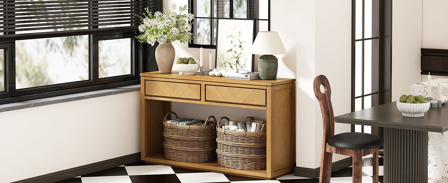 TREXM 55' Console Table, Rustic Wooden Entryway Table with Storage Drawers and Open Shelf, Elegant Sofa Table for Hallway and Living Room (Natural) - 1st Choice Furniture Direct