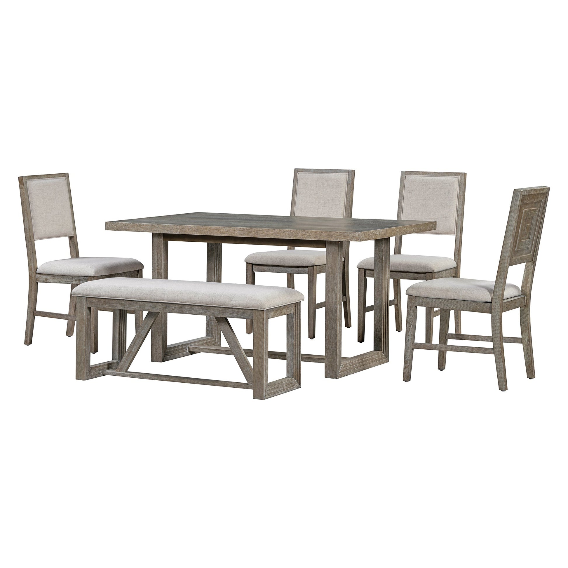 TREXM 6 - Piece Retro Dining Table Set for 6, 60' Wood Kitchen Table and Chairs Set of 4 with Bench Designed Trestle Base for kitchen & Dining Room (Gray) - 1st Choice Furniture Direct