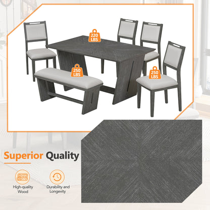 TREXM 6 - Piece Retro Dining Table Set for 6, 60' Wood Kitchen Table and Chairs Set of 4 with Bench Designed Trestle Base for kitchen & Dining Room (Gray) - 1st Choice Furniture Direct