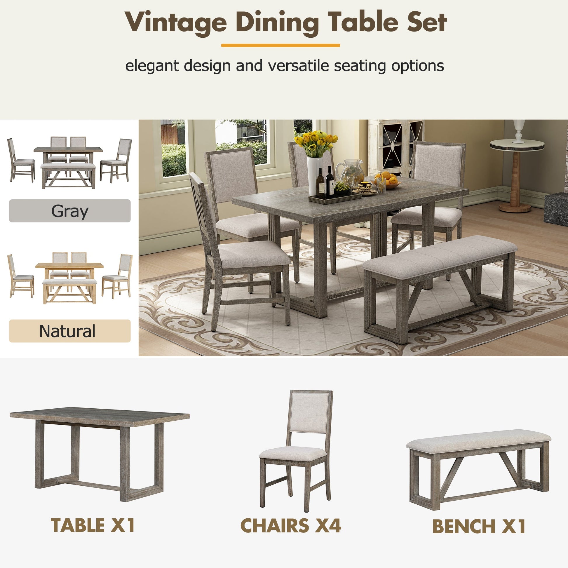 TREXM 6 - Piece Retro Dining Table Set for 6, 60' Wood Kitchen Table and Chairs Set of 4 with Bench Designed Trestle Base for kitchen & Dining Room (Gray) - 1st Choice Furniture Direct