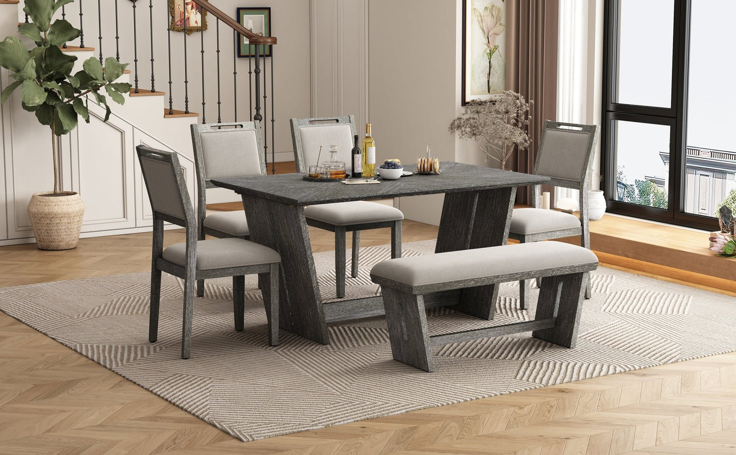 TREXM 6 - Piece Retro Dining Table Set for 6, 60' Wood Kitchen Table and Chairs Set of 4 with Bench Designed Trestle Base for kitchen & Dining Room (Gray) - 1st Choice Furniture Direct