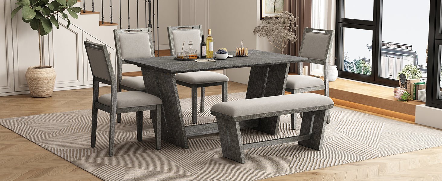 TREXM 6 - Piece Retro Dining Table Set for 6, 60' Wood Kitchen Table and Chairs Set of 4 with Bench Designed Trestle Base for kitchen & Dining Room (Gray) - 1st Choice Furniture Direct