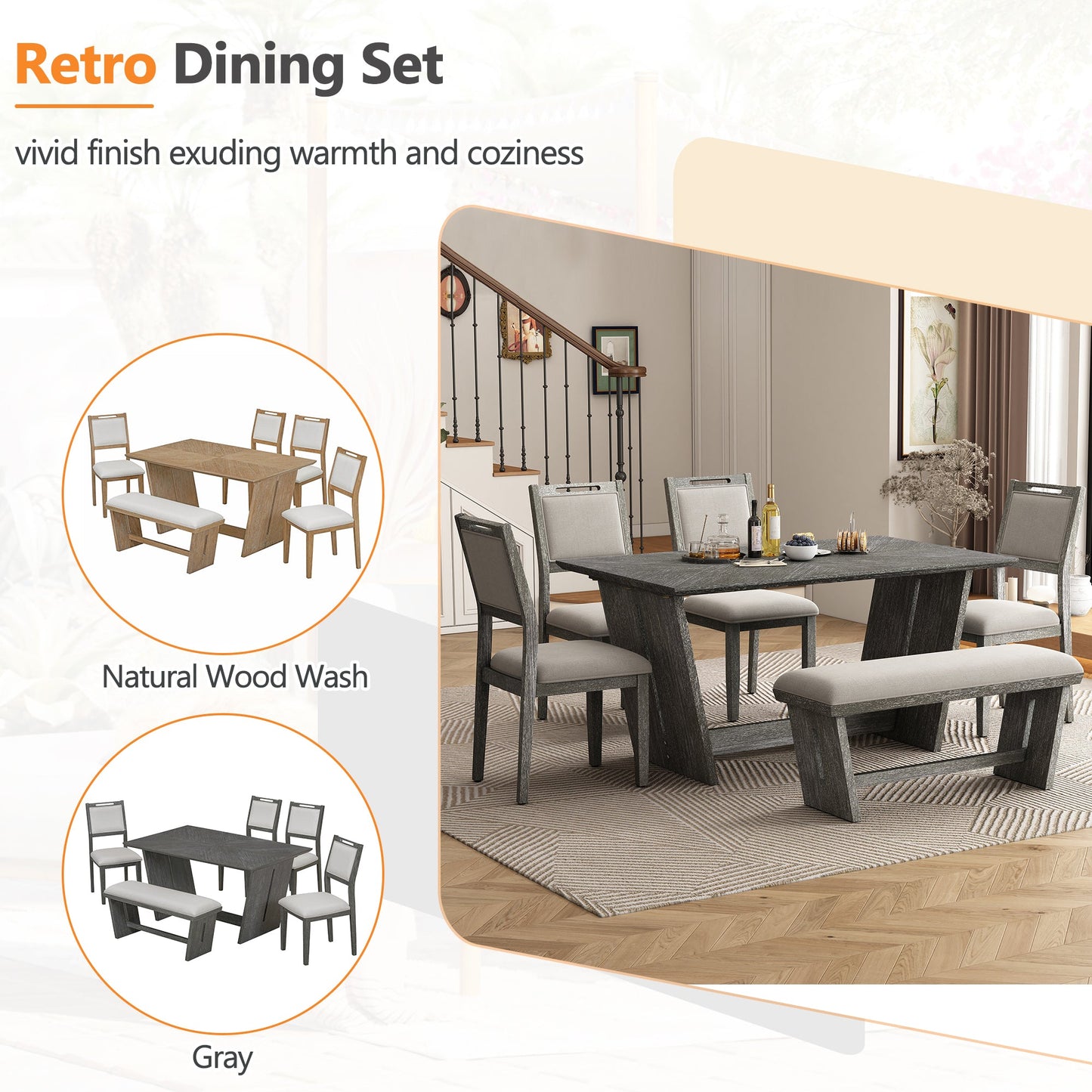 TREXM 6 - Piece Retro Dining Table Set for 6, 60' Wood Kitchen Table and Chairs Set of 4 with Bench Designed Trestle Base for kitchen & Dining Room (Gray) - 1st Choice Furniture Direct