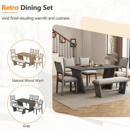 TREXM 6 - Piece Retro Dining Table Set for 6, 60' Wood Kitchen Table and Chairs Set of 4 with Bench Designed Trestle Base for kitchen & Dining Room (Gray) - 1st Choice Furniture Direct